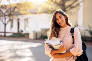 College-aged woman smiling and holding books on a university campus, representing a potential egg donor learning about anonymous vs. non-anonymous egg donation options.